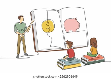 Single continuous line drawing boy and girl sitting on a pile of books. Teaching the importance of saving. For the future. National Teach Children to Save Day. One line design vector illustration