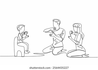 Single continuous line drawing boy sitting on a small chair in front of father and mother. Communicate without sound. Limitations. Sign. Mother Father Deaf Day. One line design vector illustration