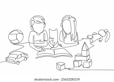 Single continuous line drawing boy and girl holding cat in middle lying down and reading a book. Fairy tales. Hobby reading. Education. National Pet Parents Day. One line design vector illustration