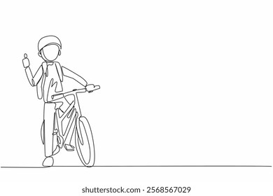 Single continuous line drawing a boy stands on bicycle with one hand forms thumbs up gesture. Always start the morning with enthusiasm. National Bike to School Day. One line design vector illustration