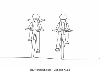 Single continuous line drawing a boy and a girl riding a bicycle side by side wearing helmets. Together is more fun. Cycling buddy. National Bike to School Day. One line design vector illustration