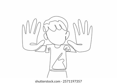 Single continuous line drawing the boy raised both his hands and pointed them forward. No more bullying in schools. Create peace. Be friends. Anti Bullying Day. One line design vector illustration