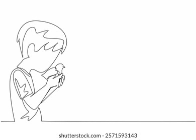 Single continuous line drawing boy kisses head of chick. First pet. Kept for breeding. Routinely given the best protein. International Respect for Chickens Day. One line design vector illustration