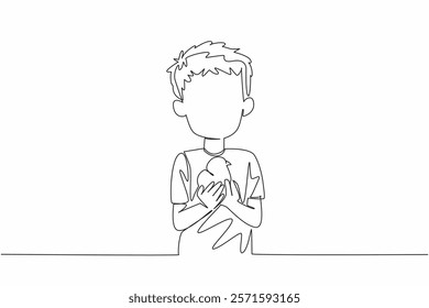 Single continuous line drawing boy holding chick with both hands. Newly hatched chicks. Carried with great care. Protection. International Respect for Chickens Day. One line design vector illustration