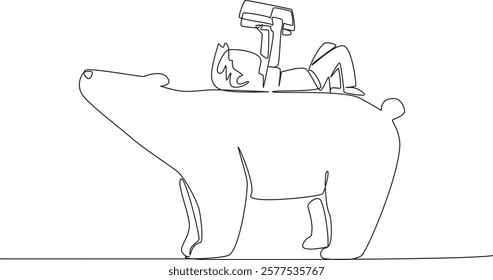 Single continuous line drawing boy reading book on cute polar bear. Lying on back reading book. Increase knowledge in relaxed way. Boy Reading Book at Animal Back. One line design vector illustration