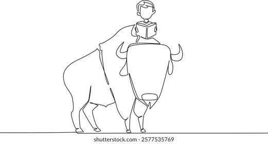 Single continuous line drawing boy reading book on cute bison. Breeding bison and then exporting them abroad. Learn to make money. Boy Reading Book at Animal Back. One line design vector illustration