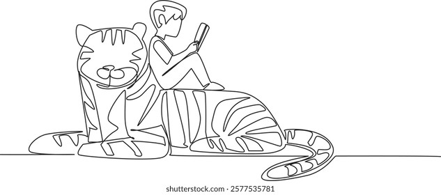 Single continuous line drawing boy reading book on cute tiger. The student who is repeating the subject. Studying. Smart. The nerd. Boy Reading Book at Animal Back. One line design vector illustration