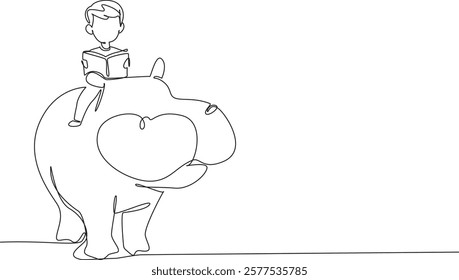 Single continuous line drawing boy reading book on cute hippopotamus. Find out what habits hippopotamus will do. Learn and observe. Boy Reading Book at Animal Back. One line design vector illustration