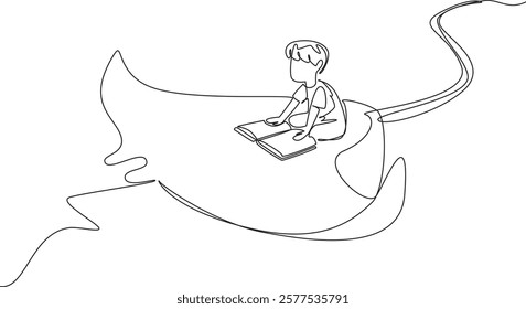 Single continuous line drawing boy reading book on cute stingray swimming. Read about the poisonous tail of the stingray. Beware. Boy Reading Book at Animal Back. One line design vector illustration