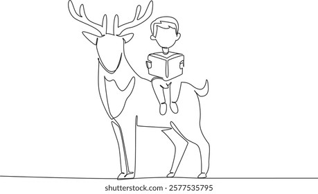 Single continuous line drawing boy reading book on cute horned deer. Read a book some facts about antlered deer. Observing habits. Boy Reading Book at Animal Back. One line design vector illustration