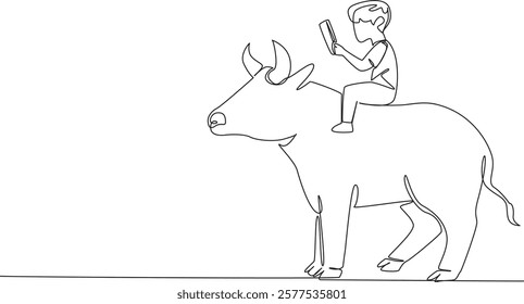 Single continuous line drawing boy reading book on cute bull. Sit seriously holding book. Increase knowledge during holiday season. Boy Reading Book at Animal Back. One line design vector illustration