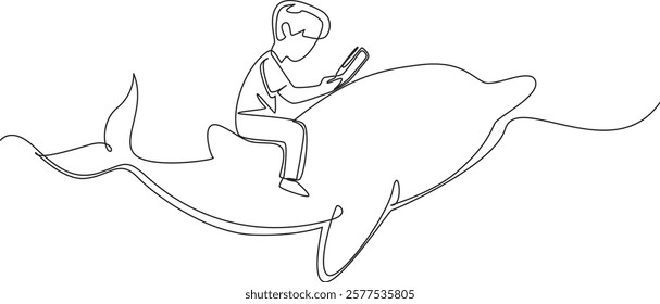 Single continuous line drawing boy reading book on cute dolphin swimming. Studying the intelligence of dolphins comes from. Nerd. Boy Reading Book at Animal Back. One line design vector illustration