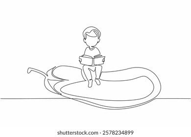 Single continuous line drawing boy reading on eggplant. Read tips for successfully planting and caring for eggplants. Boy Reading Book at Vegetables and Fruits. One line design vector illustration