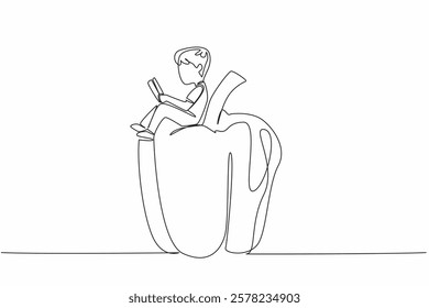 Single continuous line drawing boy reading on peppers. Learn the theory of how to become a profitable paprika farmer. Boy Reading Book at Vegetables and Fruits. One line design vector illustration