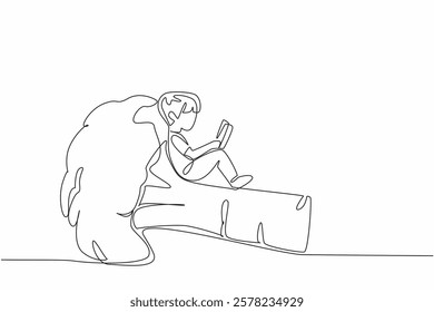 Single continuous line drawing boy reading on broccoli. Studying agricultural science from an early age. Eager to learn. Boy Reading Book at Vegetables and Fruits. One line design vector illustration