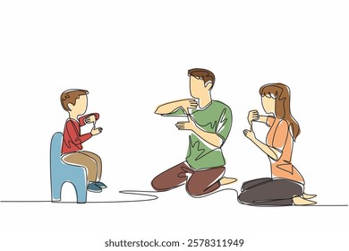 Single continuous line drawing boy sitting on a small chair in front of father and mother. Communicate without sound. Limitations. Sign. Mother Father Deaf Day. One line design vector illustration