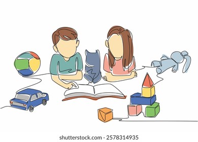 Single continuous line drawing boy and girl holding cat in middle lying down and reading a book. Fairy tales. Hobby reading. Education. National Pet Parents Day. One line design vector illustration