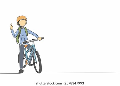 Single continuous line drawing a boy stands on bicycle with one hand forms thumbs up gesture. Always start the morning with enthusiasm. National Bike to School Day. One line design vector illustration