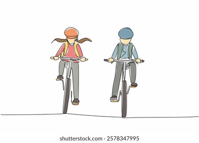 Single continuous line drawing a boy and a girl riding a bicycle side by side wearing helmets. Together is more fun. Cycling buddy. National Bike to School Day. One line design vector illustration