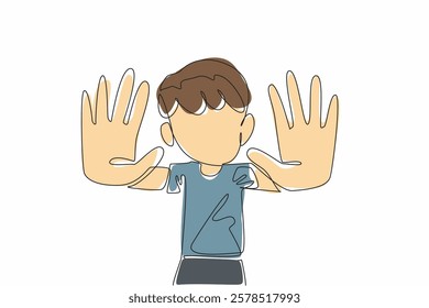 Single continuous line drawing the boy raised both his hands and pointed them forward. No more bullying in schools. Create peace. Be friends. Anti Bullying Day. One line design vector illustration