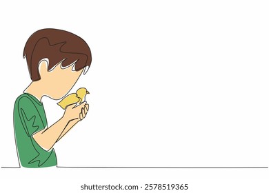 Single continuous line drawing boy kisses head of chick. First pet. Kept for breeding. Routinely given the best protein. International Respect for Chickens Day. One line design vector illustration