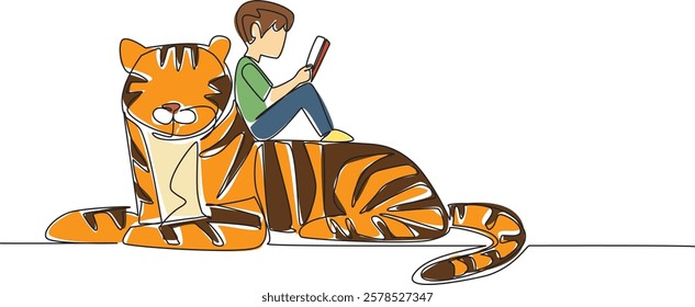 Single continuous line drawing boy reading book on cute tiger. The student who is repeating the subject. Studying. Smart. The nerd. Boy Reading Book at Animal Back. One line design vector illustration