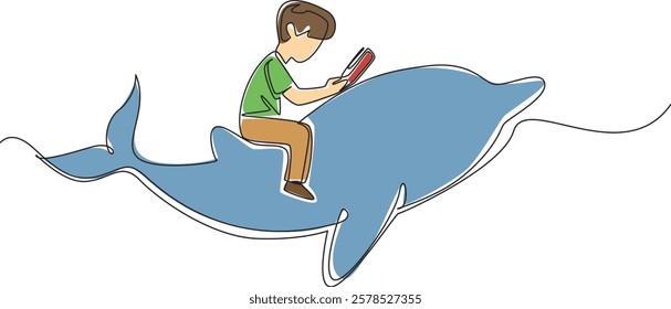 Single continuous line drawing boy reading book on cute dolphin swimming. Studying the intelligence of dolphins comes from. Nerd. Boy Reading Book at Animal Back. One line design vector illustration