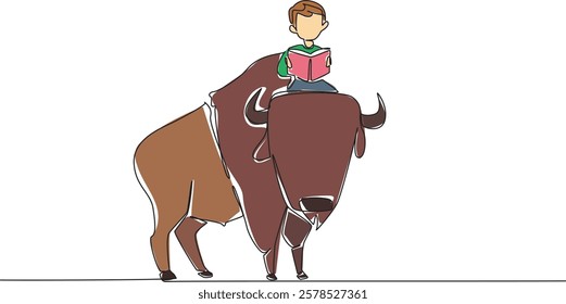 Single continuous line drawing boy reading book on cute bison. Breeding bison and then exporting them abroad. Learn to make money. Boy Reading Book at Animal Back. One line design vector illustration