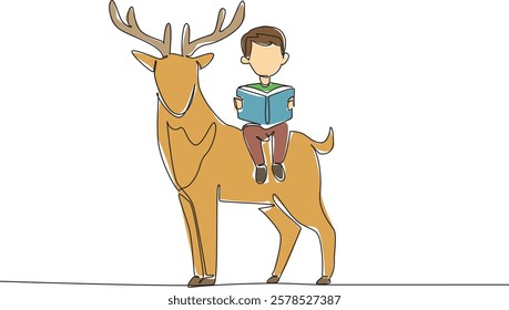 Single continuous line drawing boy reading book on cute horned deer. Read a book some facts about antlered deer. Observing habits. Boy Reading Book at Animal Back. One line design vector illustration