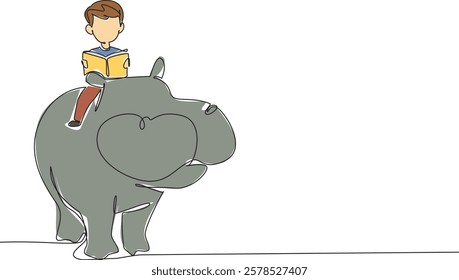 Single continuous line drawing boy reading book on cute hippopotamus. Find out what habits hippopotamus will do. Learn and observe. Boy Reading Book at Animal Back. One line design vector illustration