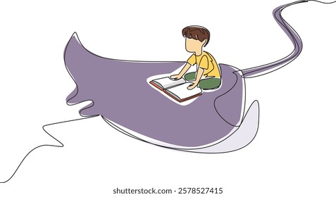 Single continuous line drawing boy reading book on cute stingray swimming. Read about the poisonous tail of the stingray. Beware. Boy Reading Book at Animal Back. One line design vector illustration