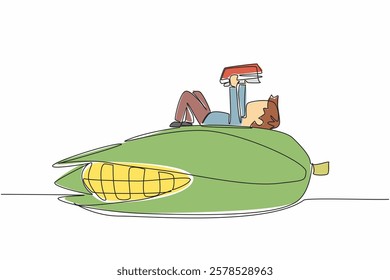 Single continuous line drawing boy reading on corn. Harvest sweet corn carefully according to procedure. Learn stages. Boy Reading Book at Vegetables and Fruits. One line design vector illustration