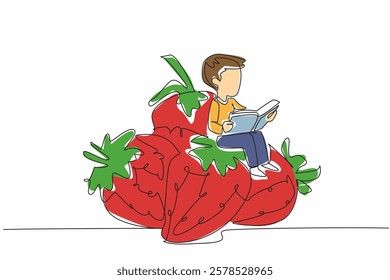 Single continuous line drawing boy reading on pile of strawberries. Learning how to harvest properly. Very satisfactory. Boy Reading Book at Vegetables and Fruits. One line design vector illustration