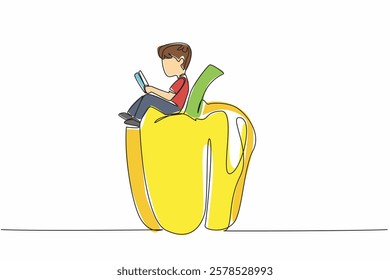 Single continuous line drawing boy reading on peppers. Learn the theory of how to become a profitable paprika farmer. Boy Reading Book at Vegetables and Fruits. One line design vector illustration