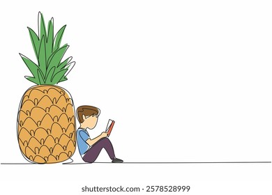 Single continuous line drawing boy reading next to big pineapple. Sit back to concentrate. Freshness in the afternoon. Boy Reading Book at Vegetables and Fruits. One line design vector illustration