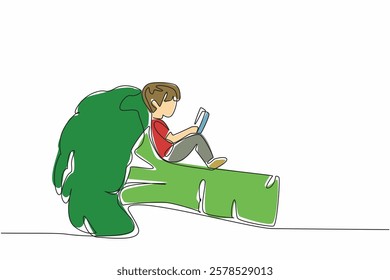 Single continuous line drawing boy reading on broccoli. Studying agricultural science from an early age. Eager to learn. Boy Reading Book at Vegetables and Fruits. One line design vector illustration