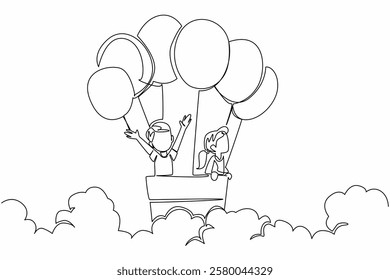 Single continuous line drawing A boy and a girl ride on a cardboard box with several balloons attached. Like riding a hot air balloon. Happiness. Day of Children. One line design vector illustration