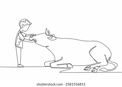 Single continuous line drawing boy stroking the head of a sitting cow. Stroking very carefully. Like loving the own animal. Little shepherd. National Open Farm Day. One line design vector illustration