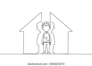 Single continuous line drawing a boy looking down and a house shaped puzzle. Symbolism of incomplete affection when in the house. Sad. National Foster Care Day. One line design vector illustration