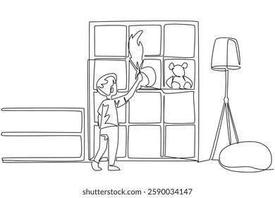 Single continuous line drawing a boy dusting shelf using a duster. Daily routine after playing in the room. Cleanliness is beautiful. National Clean Your Room Day. One line design vector illustration