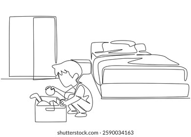 Single continuous line drawing a boy tidying up toys and putting them in the toy box. Learn to be responsible as early as possible. National Clean Your Room Day. One line design vector illustration