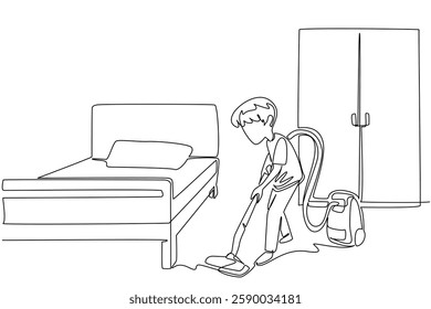 Single continuous line drawing a boy is cleaning his room using a vacuum cleaner. Leveraging technology to be cleaner. Equipment. National Clean Your Room Day. One line design vector illustration