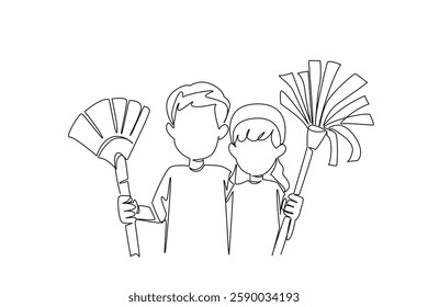 Single continuous line drawing a boy and a girl standing carrying broom and mop. Two smart kids work together to make cleaning easier. National Clean Your Room Day. One line design vector illustration