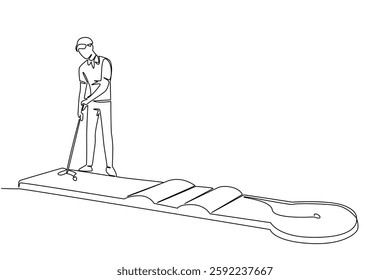 Single continuous line drawing a boy wants to hit the ball on a mini golf course. Spending time exercising on the weekend. Keep fit. Sport. National Mini Golf Day. One line design vector illustration