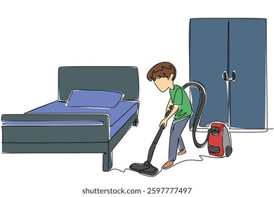 Single continuous line drawing a boy is cleaning his room using a vacuum cleaner. Leveraging technology to be cleaner. Equipment. National Clean Your Room Day. One line design vector illustration