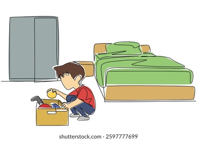 Single continuous line drawing a boy tidying up toys and putting them in the toy box. Learn to be responsible as early as possible. National Clean Your Room Day. One line design vector illustration