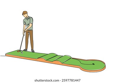 Single continuous line drawing a boy wants to hit the ball on a mini golf course. Spending time exercising on the weekend. Keep fit. Sport. National Mini Golf Day. One line design vector illustration