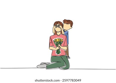 Single continuous line drawing a boy covers eyes of mother with both hands from behind. Giving a surprise to the best mother in the world. Flower. Day of Mother. One line design vector illustration