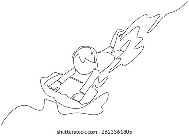 Single continuous line drawing a boy learns to swim using float. Aspiring to become a professional swimmer. Practice seriously. Newbie. National Learn to Swim Day. One line design vector illustration