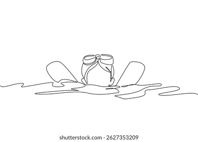Desenho de linha contínua única um menino aprende a nadar usando o macarrão. Pratique regularmente nos fins de semana. Potencial nadador. Sério. Dia Nacional de Aprendizagem de Nado. Ilustração de vetor de design de uma linha